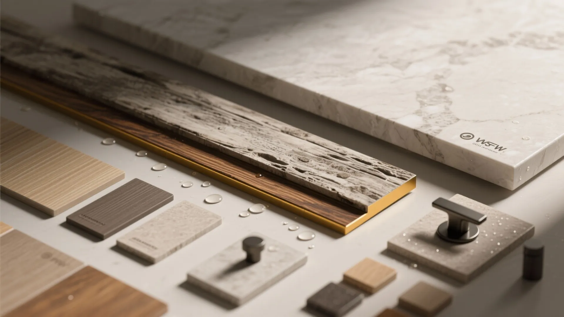 Various interior design material samples including marble stone wood planks and small metal drawer handles