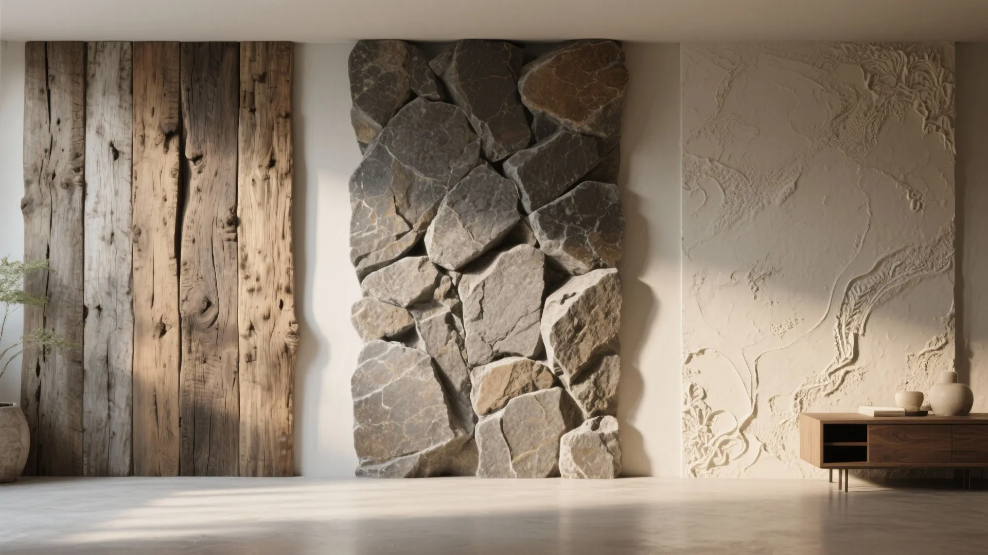 5. Statement material: reclaimed wood, stone, or textured plaster