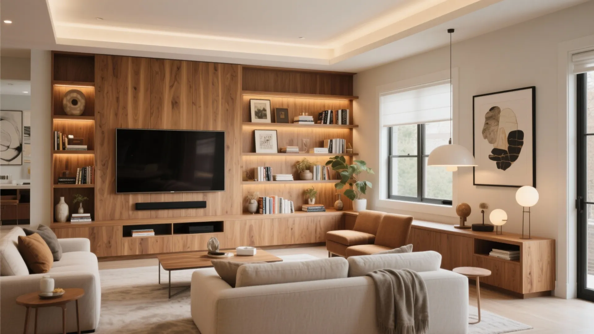 Spacious living room with large wood wall cabinet television cream sofa warm lighting and large window