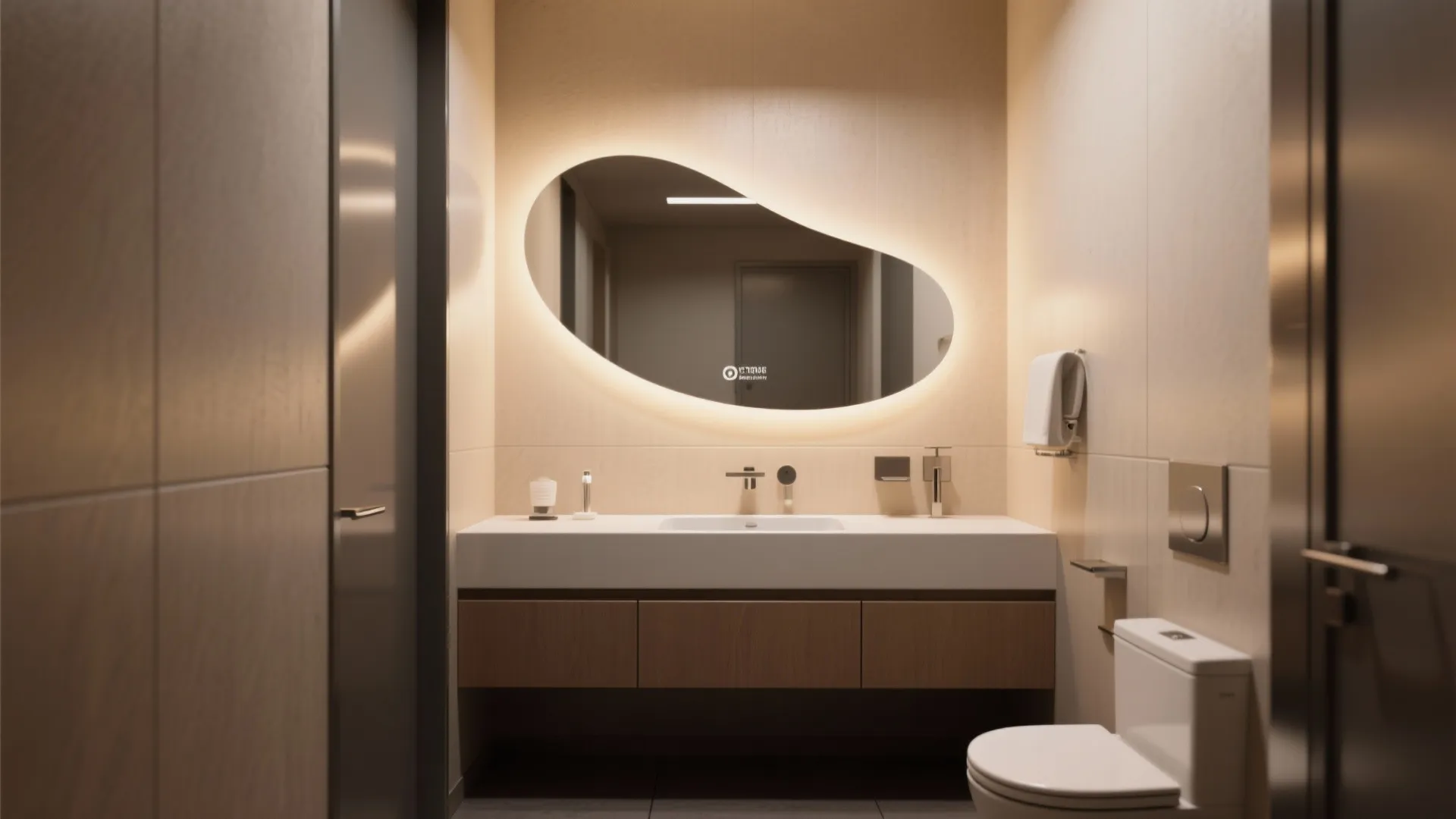 Modern bathroom with a glowing wavy mirror above a white sink and wood storage cabinet