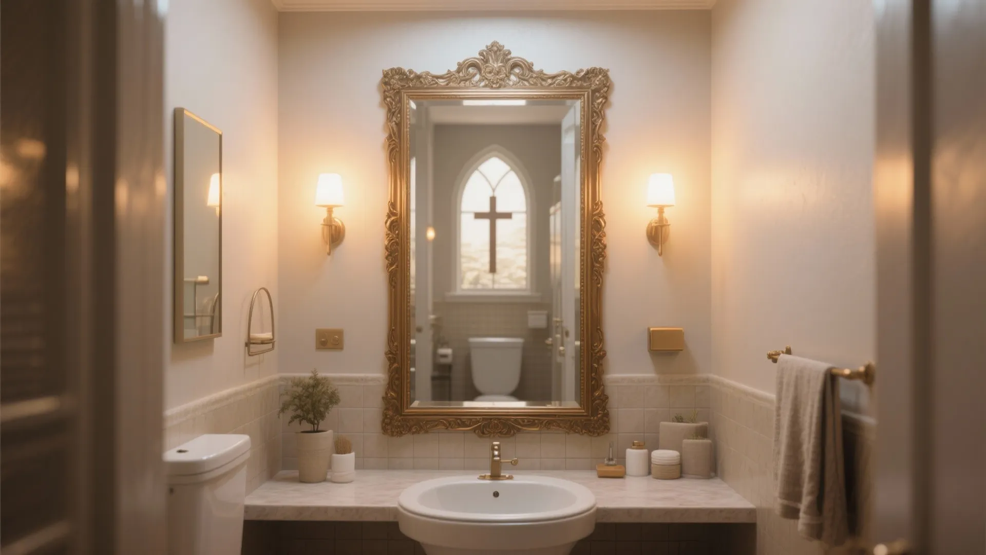 Large ornate gold frame mirror hanging above a white sink in a classic bathroom setting