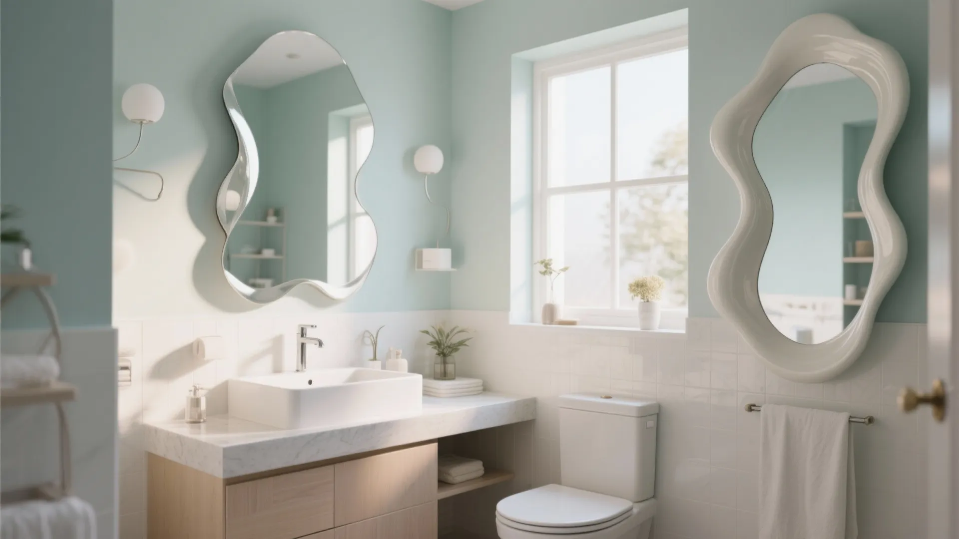 Light green bathroom featuring two wavy mirrors white sink wooden cabinet toilet and large window