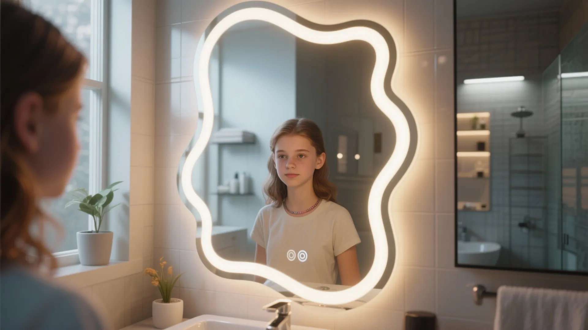 Young girl looking into a wavy light fixture mirror in a modern white tiled bathroom