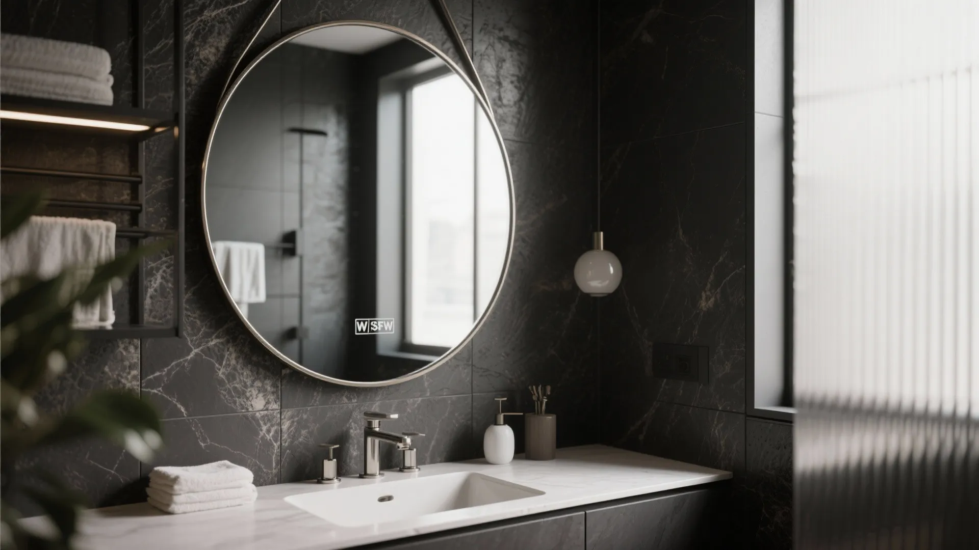 Dark marble bathroom wall with round mirror and white sink on top of grey cabinet