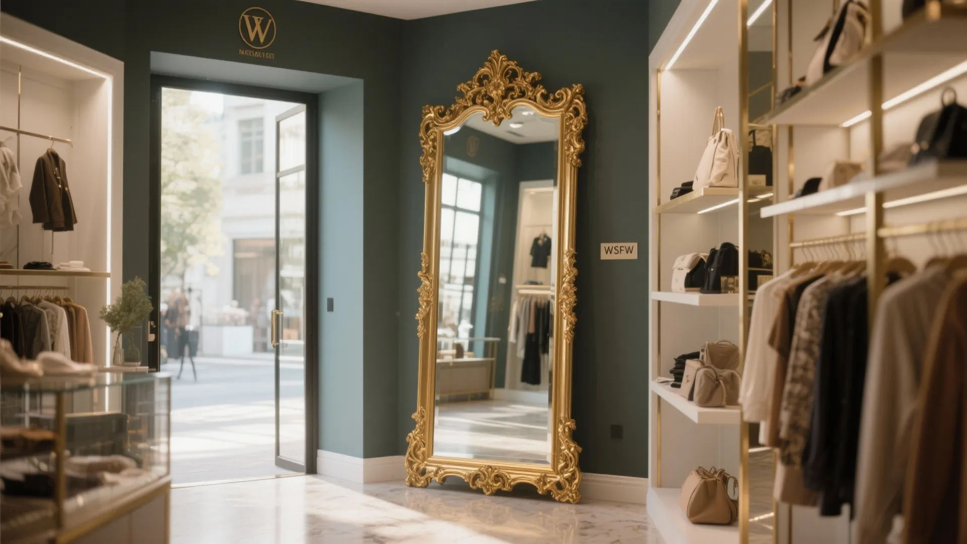 Luxury clothing store featuring a large gold frame mirror standing against dark green painted walls