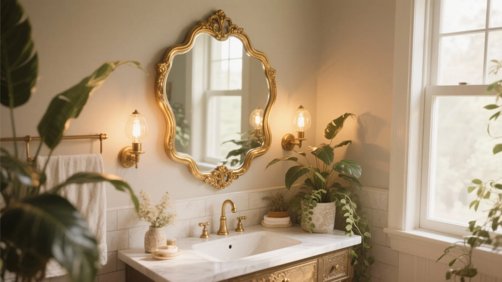 Gold-framed statement mirror in an eclectic Anthropologie-style bathroom