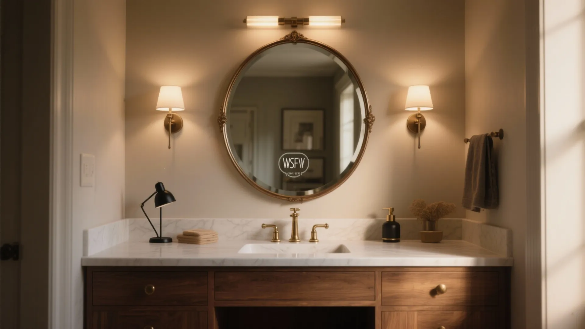 1. Layered lighting + statement mirror