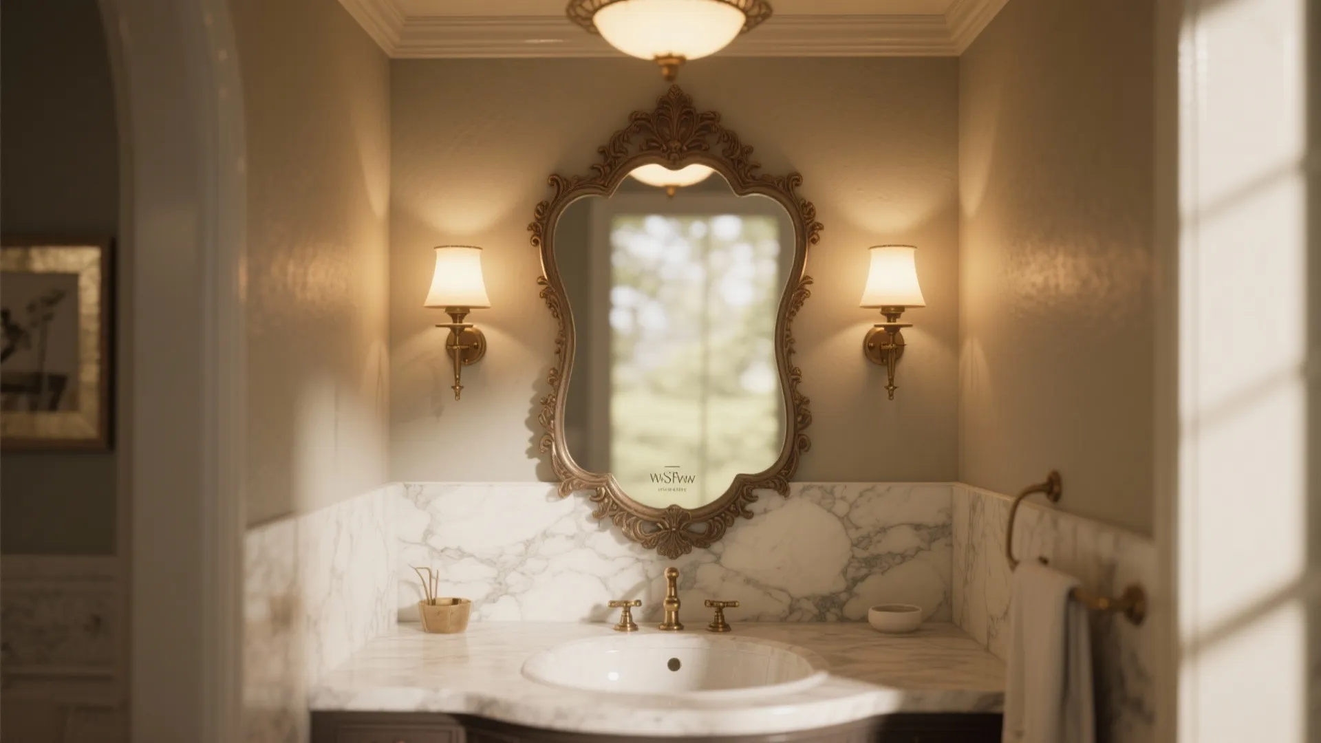 4. Statement mirror and layered lighting