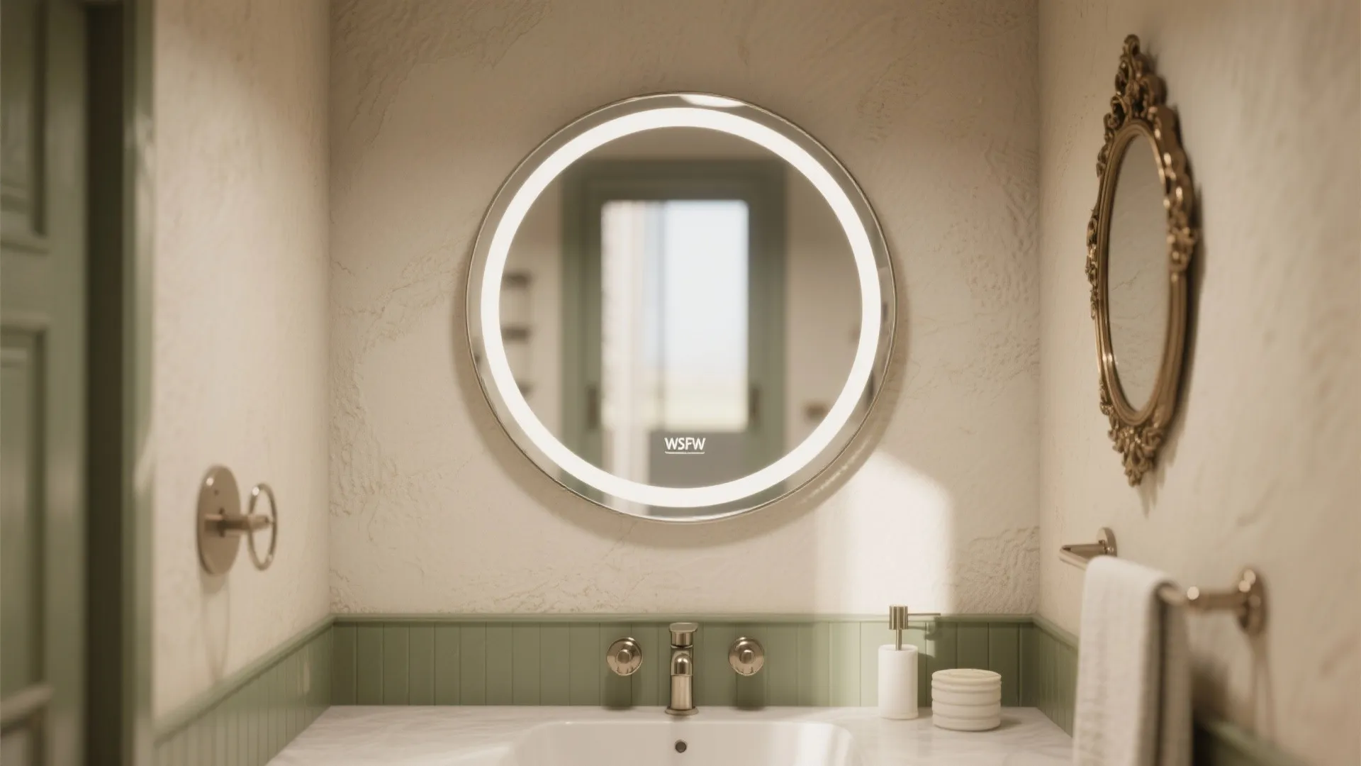 Round lighted mirror above white bathroom sink with green wall panel and silver towel rack