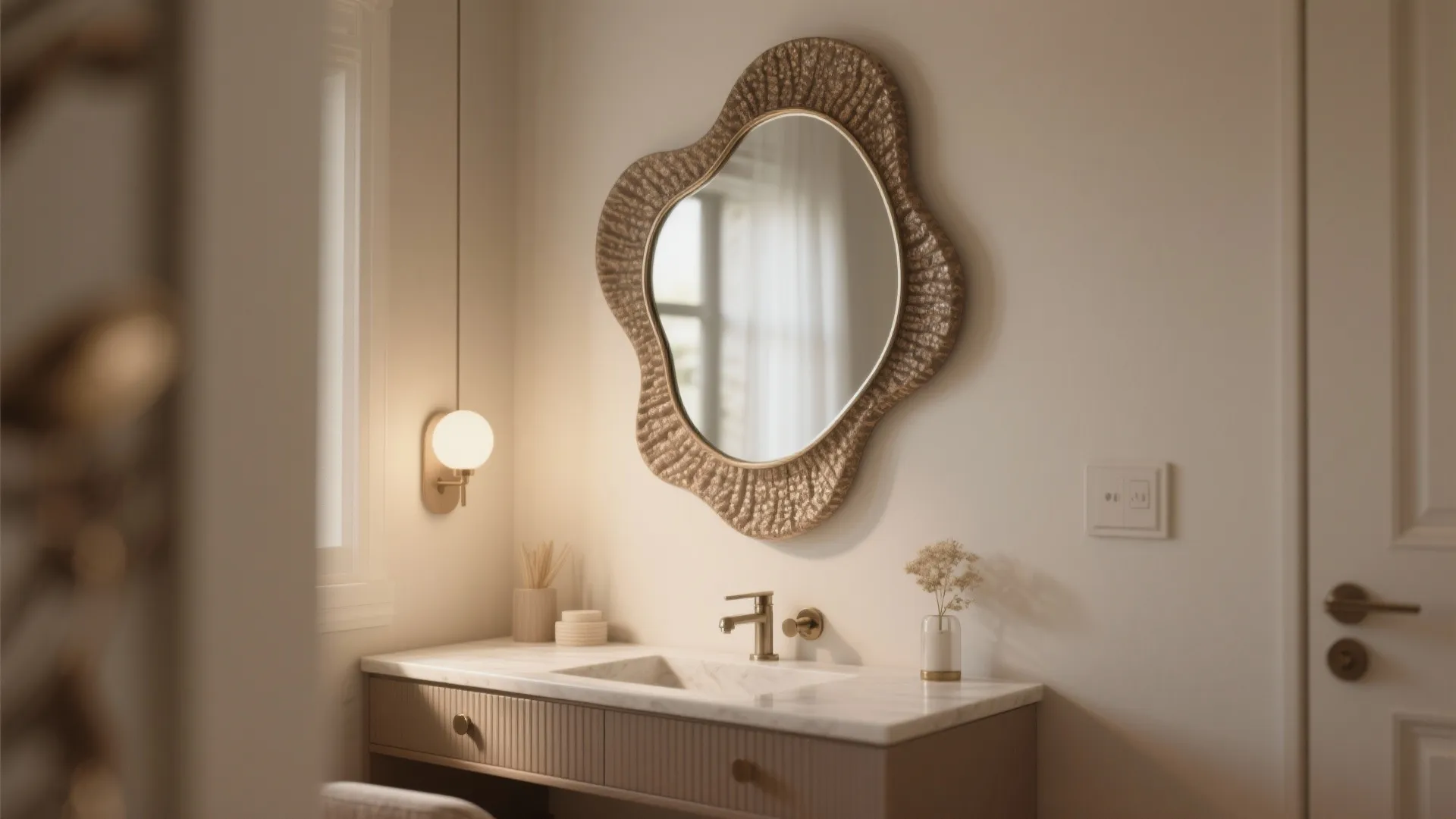 Wavy shaped wall mirror above a marble sink vanity with a warm hanging wall light