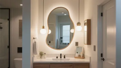 Modern Bathroom Design with Organic Mirror & Warm Lighting