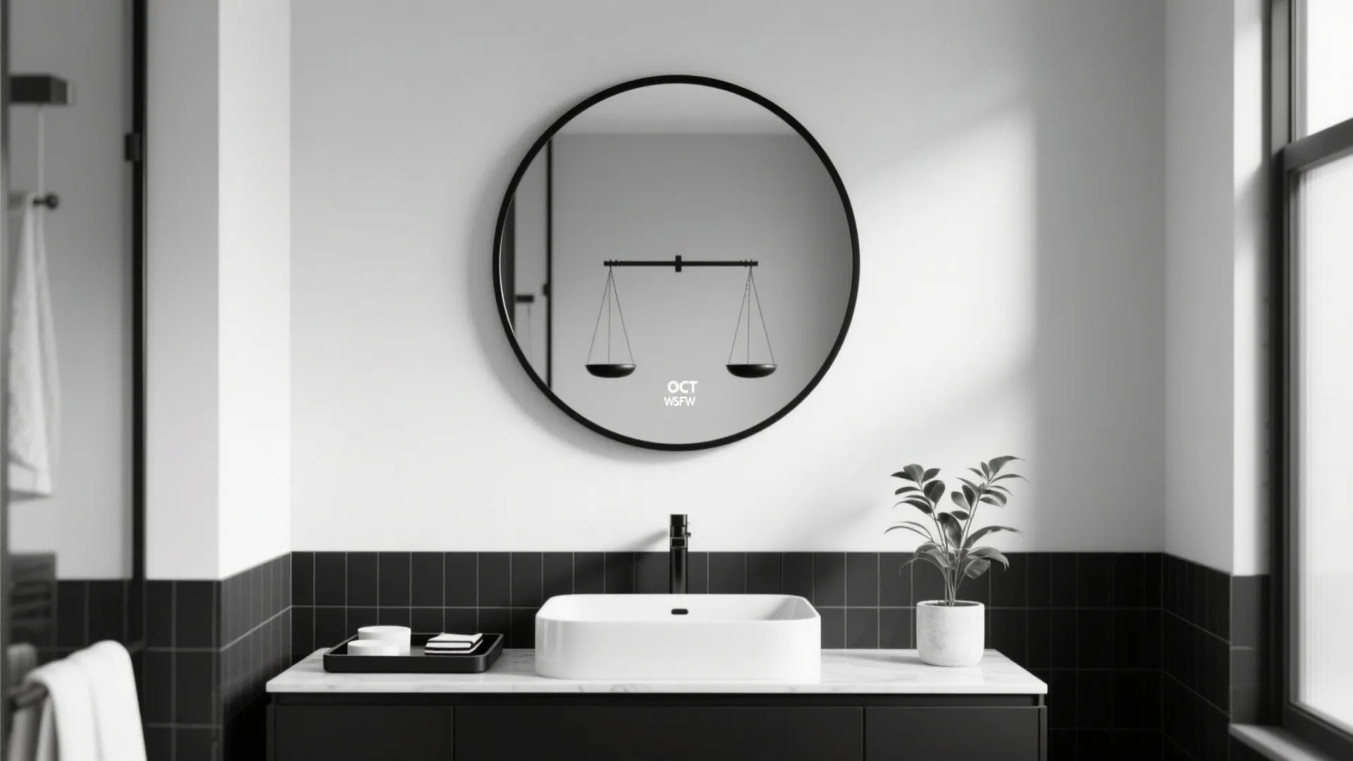 Minimalist bathroom with round black mirror white sink black wall tiles and small green plant