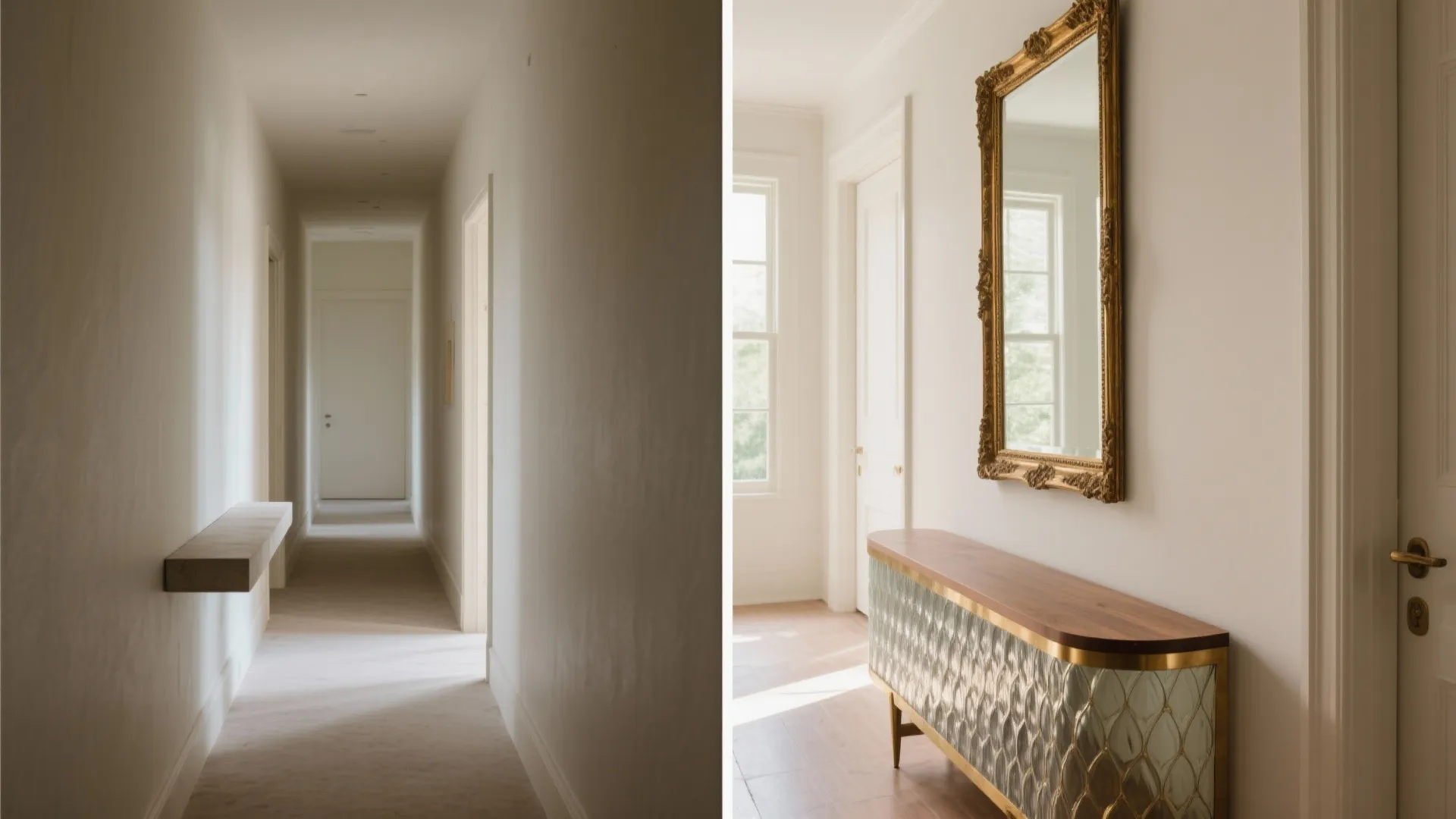 Before-and-after entry corridor showing a tall antique-brass framed mirror above a shallow console that doubles perceived space.