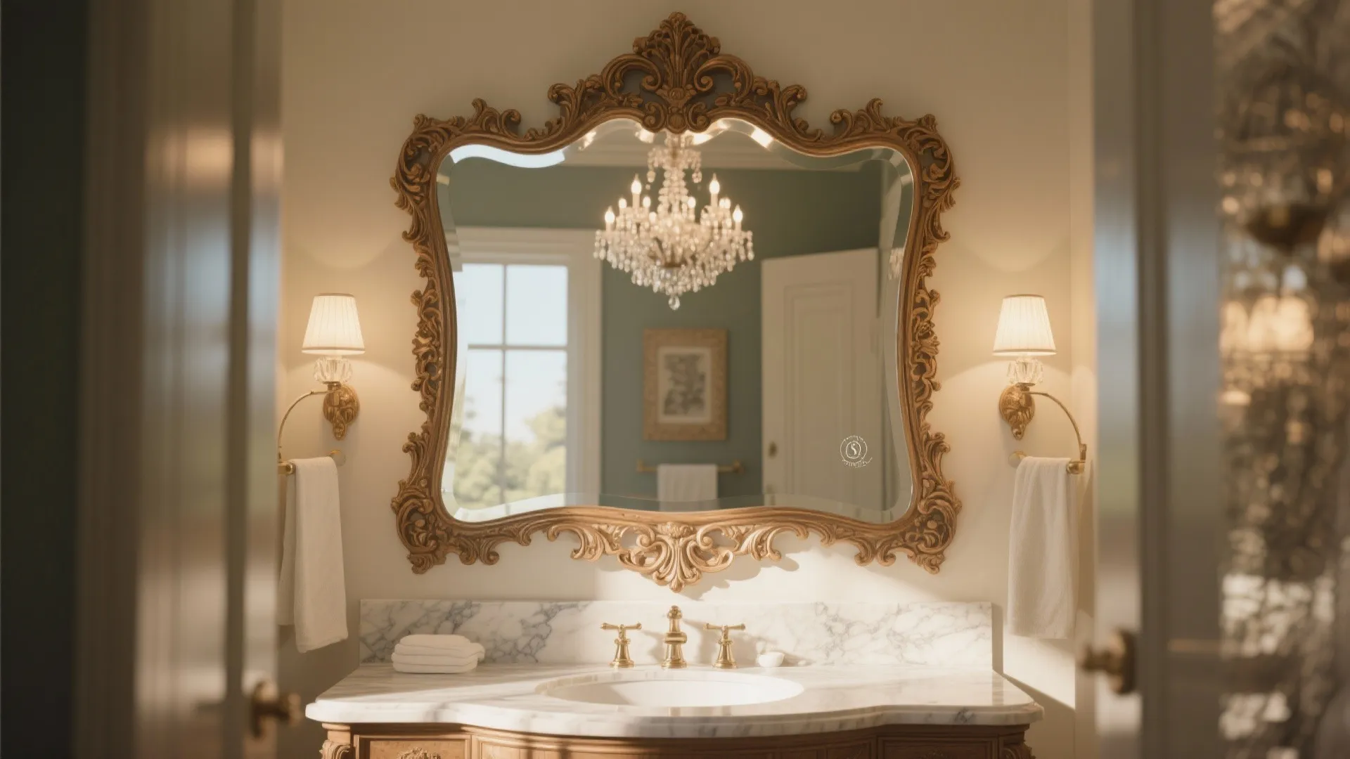 Elegant bathroom with ornate gold mirror reflecting a crystal ceiling light over a marble sink countertop