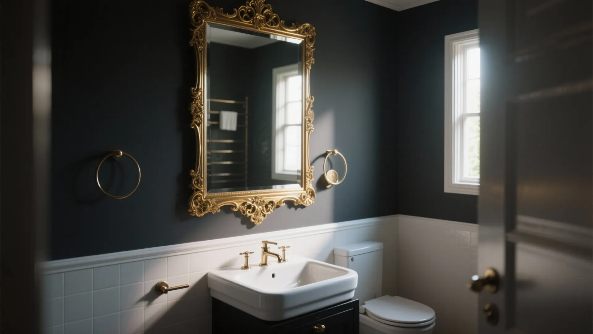 Elegant bathroom with gold ornate mirror black walls white wall panels white sink and brass faucet