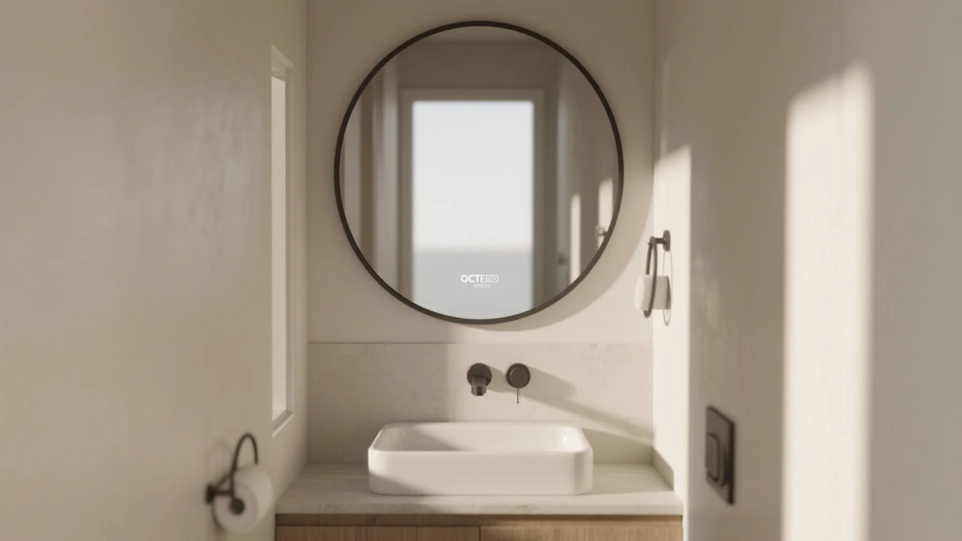 Minimalist bathroom design with round black mirror white vessel sink wooden cabinet and neutral wall color
