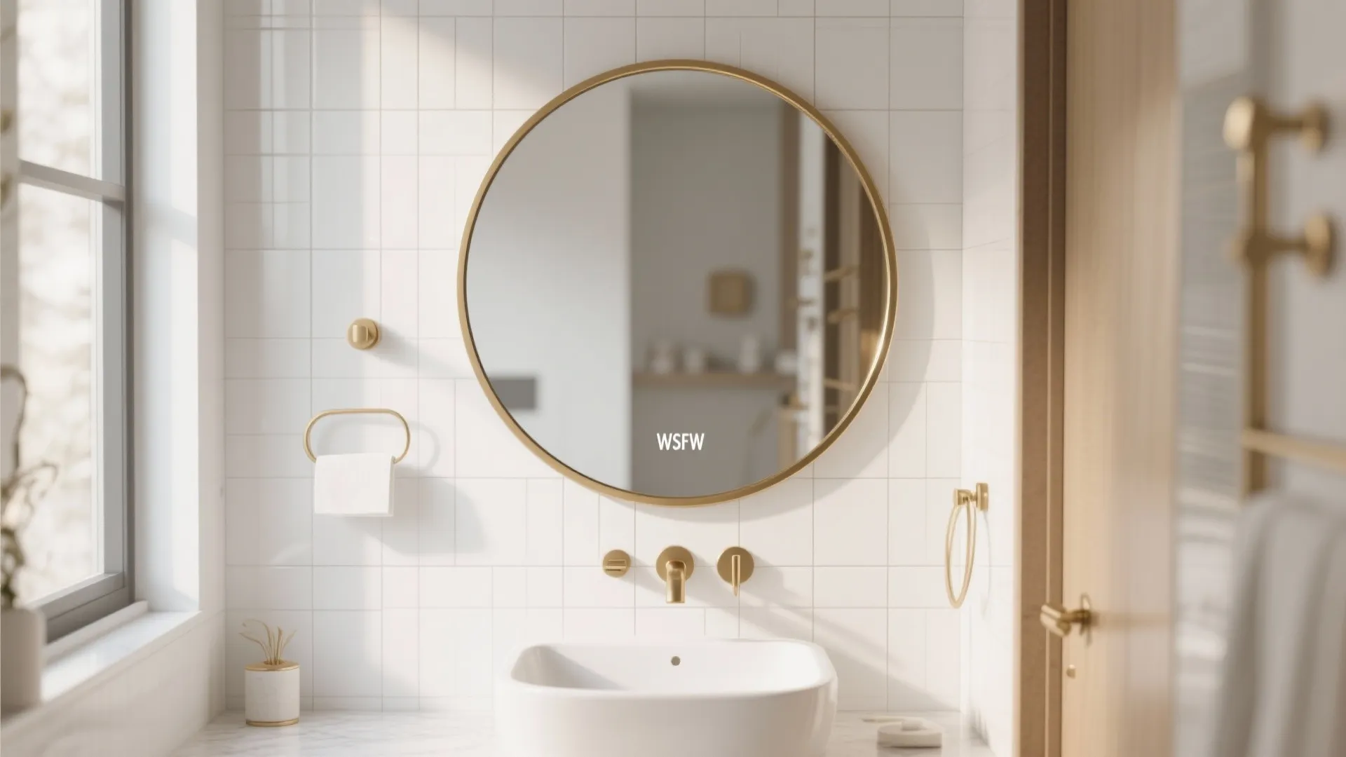 Modern bathroom with round gold mirror white tiled wall white sink and gold metal water tap