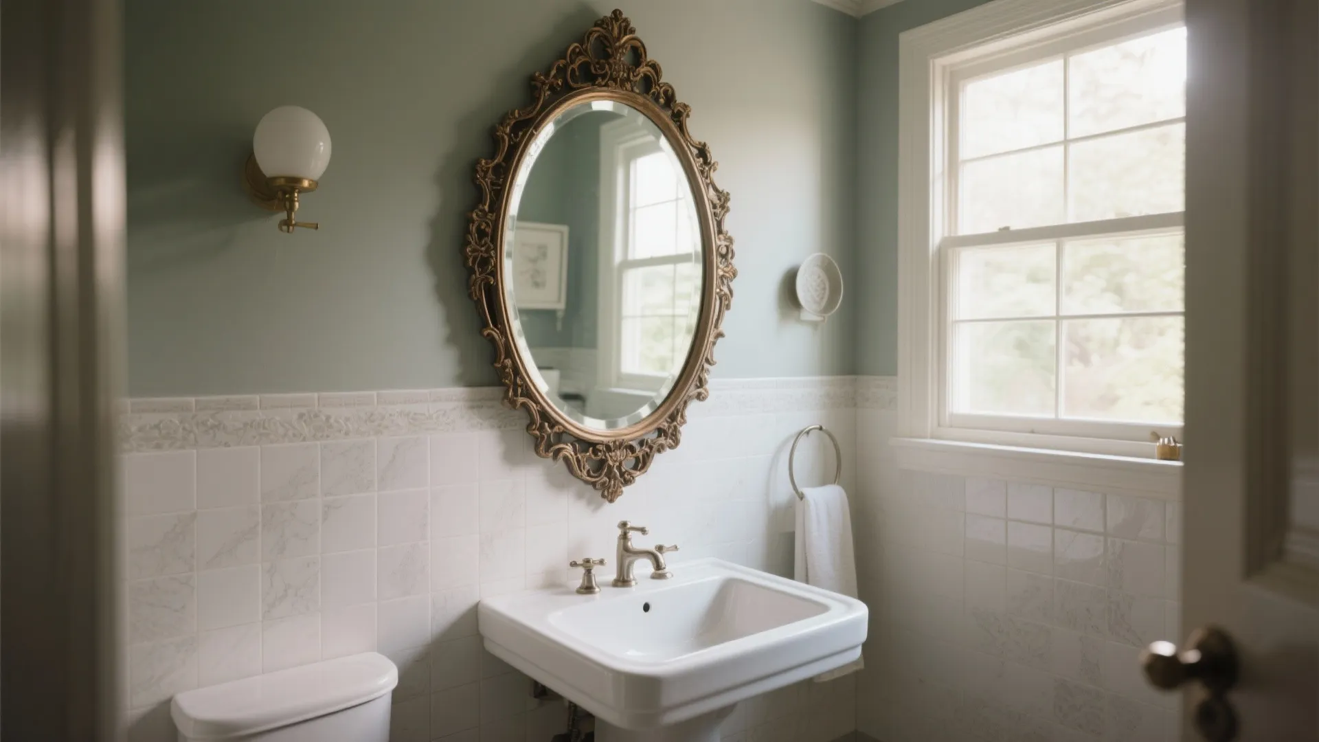 Traditional bathroom featuring ornate gold mirror on green wall above white sink with white tile