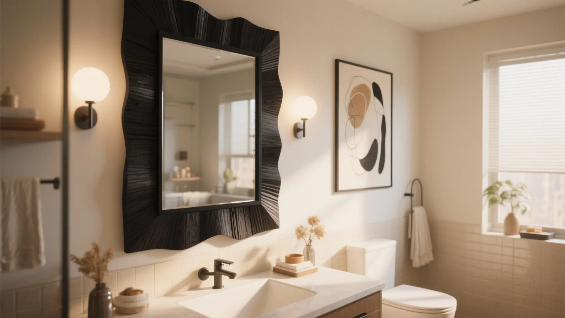 Modern bathroom with large black wavy mirror white sink wall lights toilet and a window