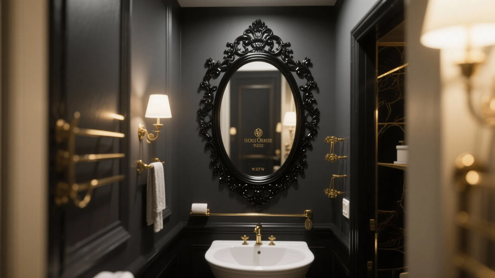 Elegant small bathroom with dark walls decorative black mirror gold fixtures white sink and warm lighting