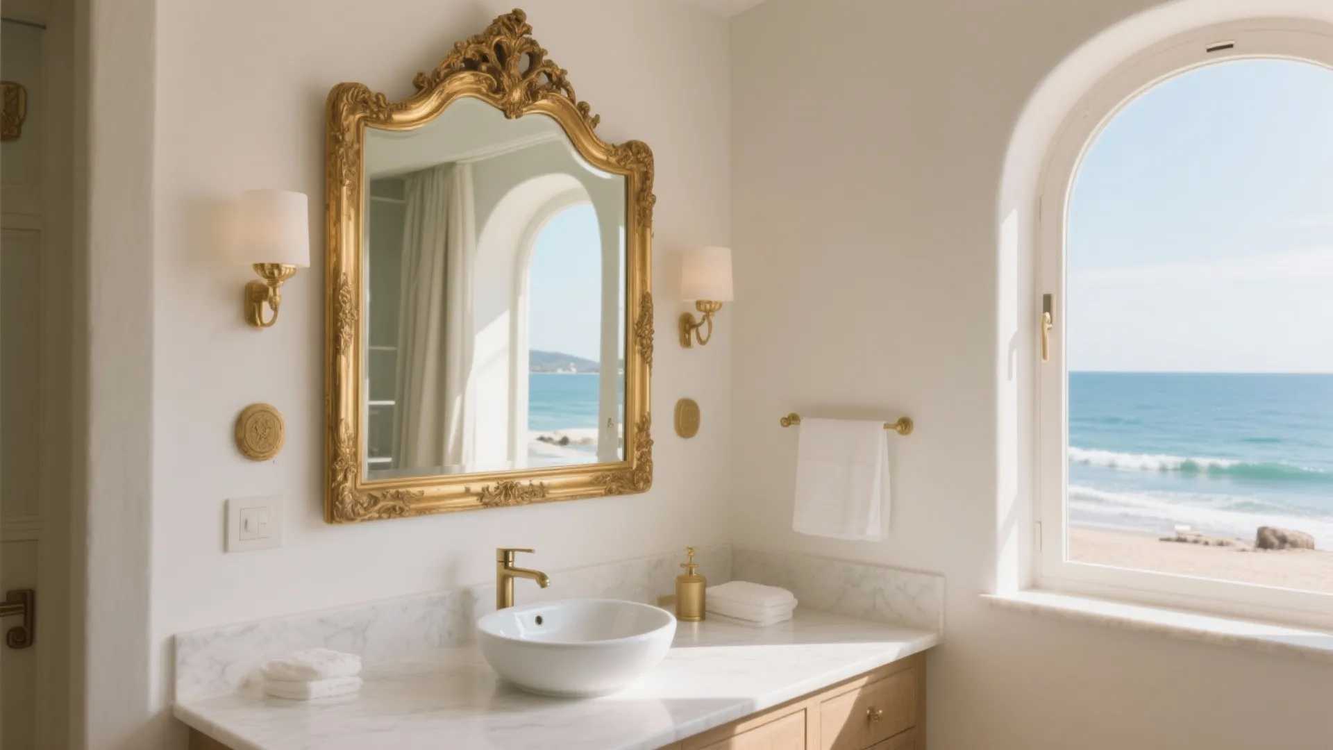 Bright bathroom with gold mirror white sink marble counter wall light and ocean view window
