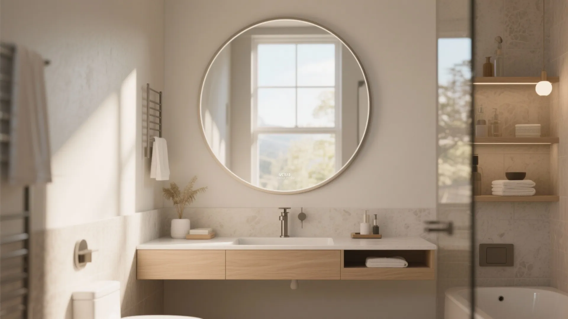 Beige bathroom featuring round mirror, wood vanity, white sink, towel rack, and bright window reflection