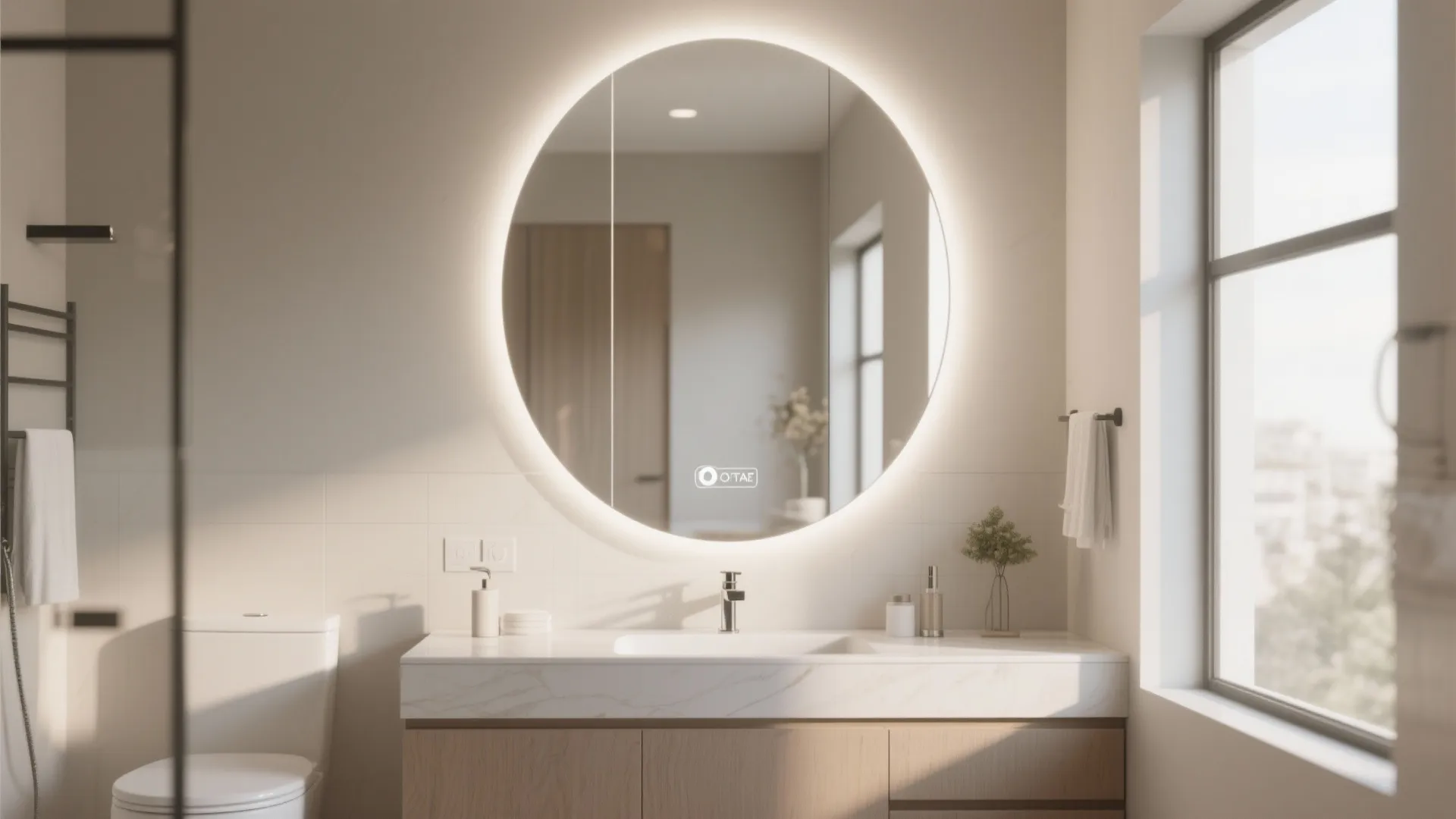 Minimalist bathroom interior with round glowing mirror above wooden cabinet vanity and bright side window