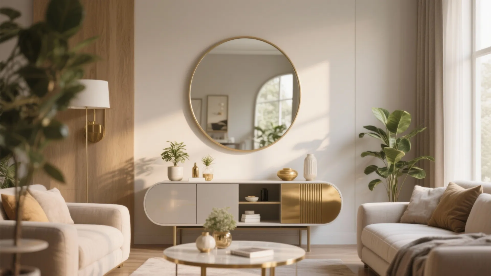 Console table with large round mirror above in living room