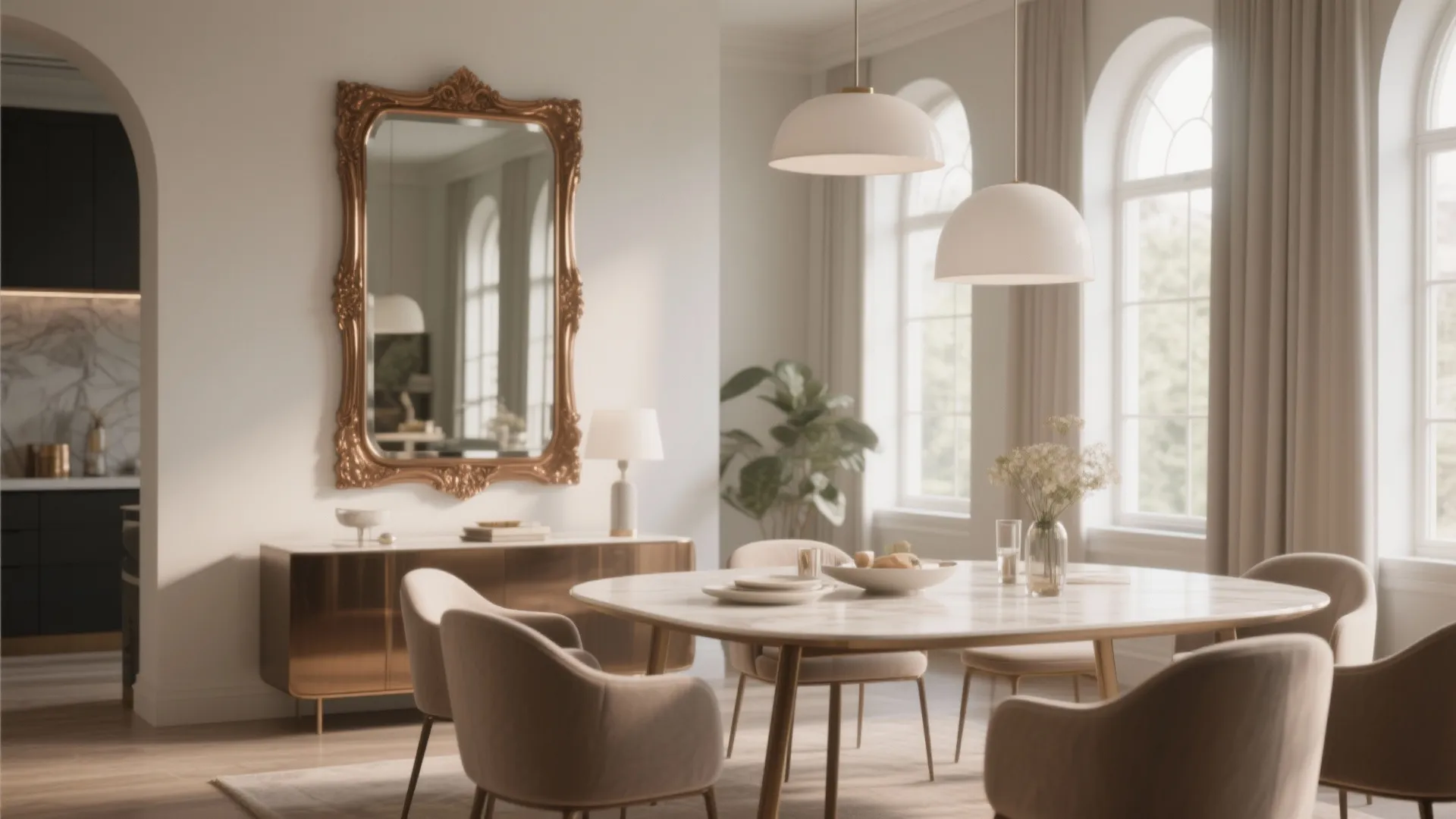 Elegant dining room featuring a gold ornate wall mirror above a cabinet with white chairs