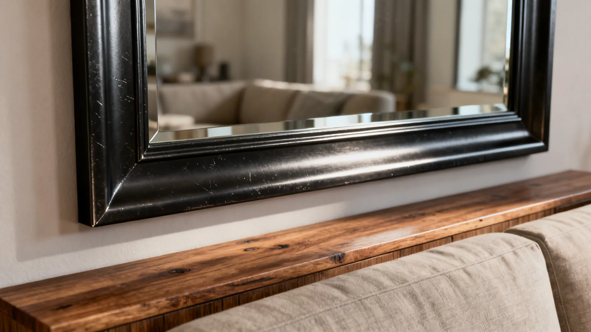 Close-up of an oversized matte black framed mirror above a sofa showing frame texture and soft reflections.