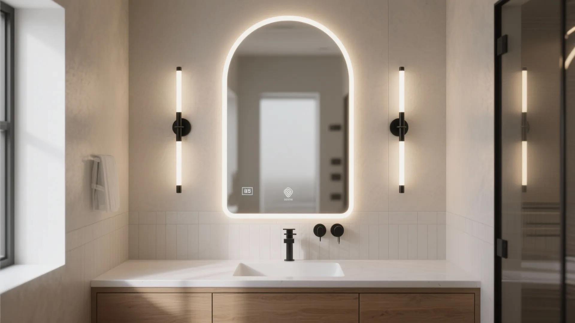Arched backlit mirror with vertical sconces on a small bathroom vanity wall.