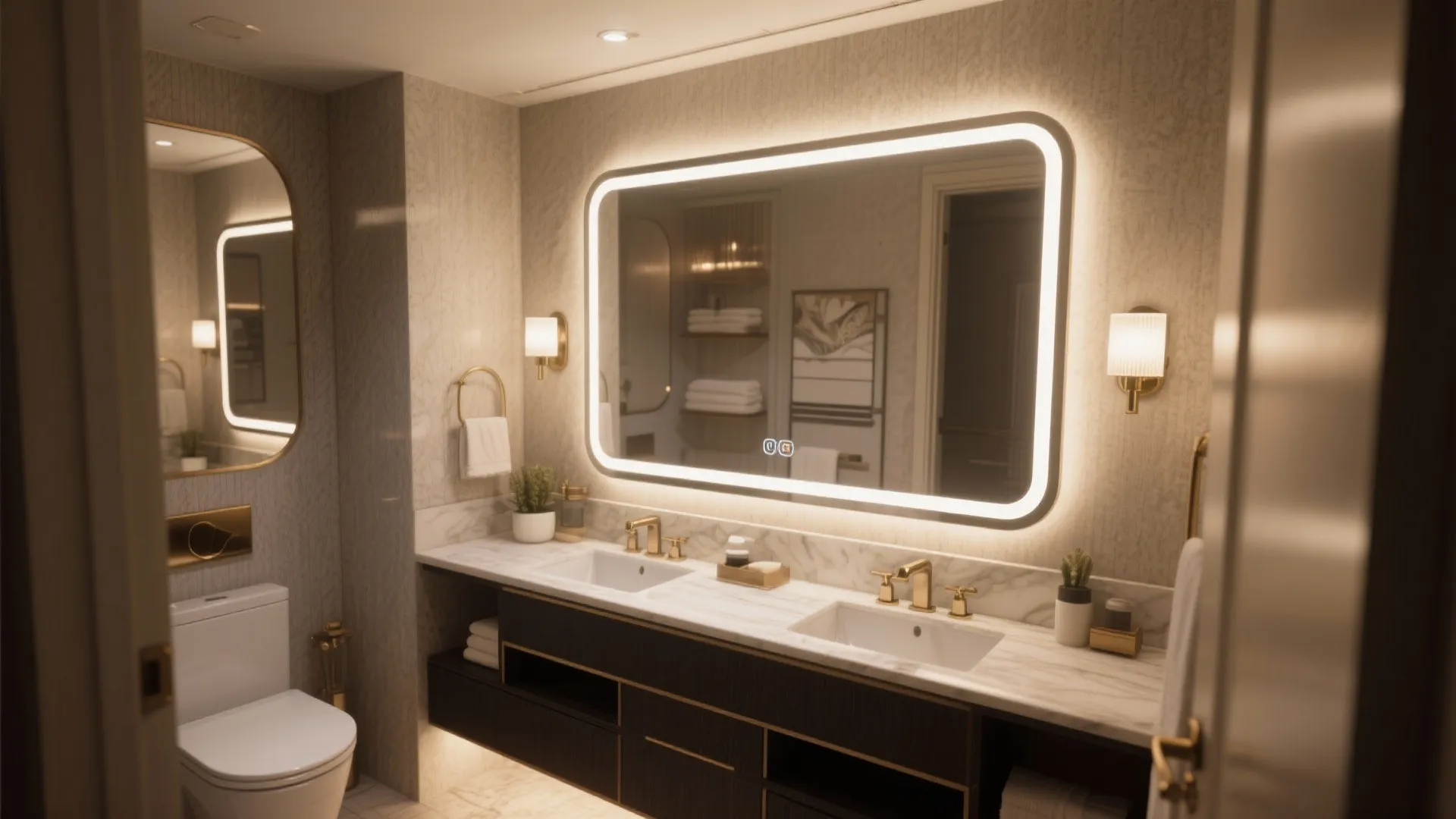 Luxury bathroom with double sink vanity large glowing mirror wall lights and gold metal hardware
