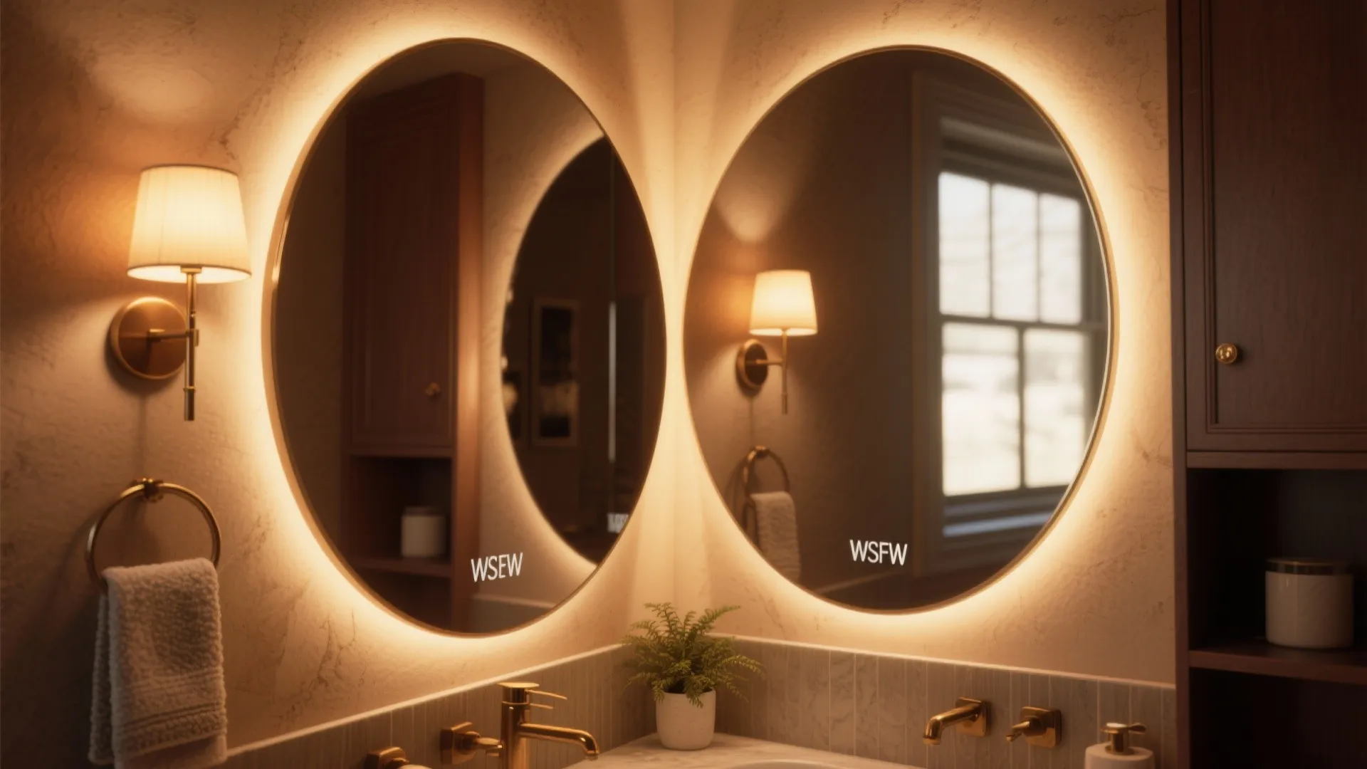 Two round mirrors with backlighting in a bathroom corner with wall lights and gold faucets