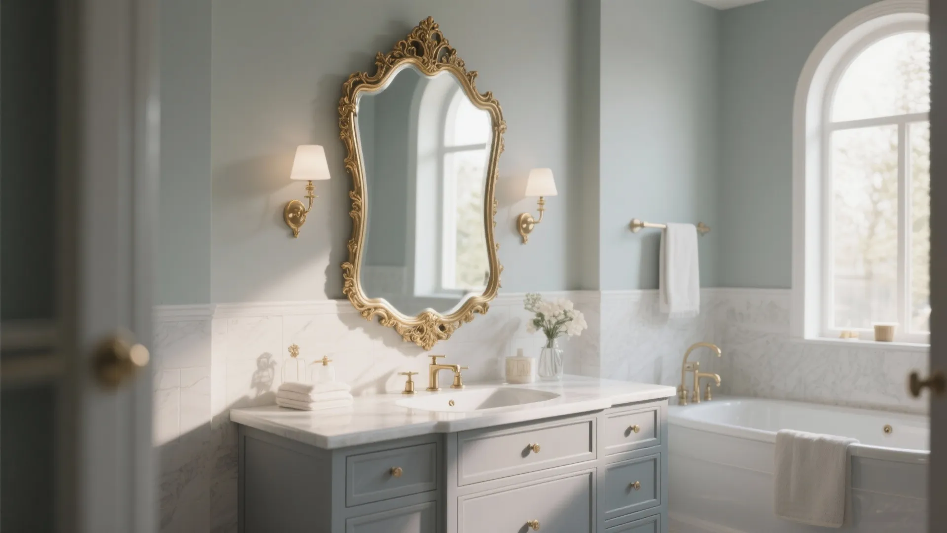 Elegant bathroom with gold mirror wall lights grey cabinet bathtub white towel and arched roof window
