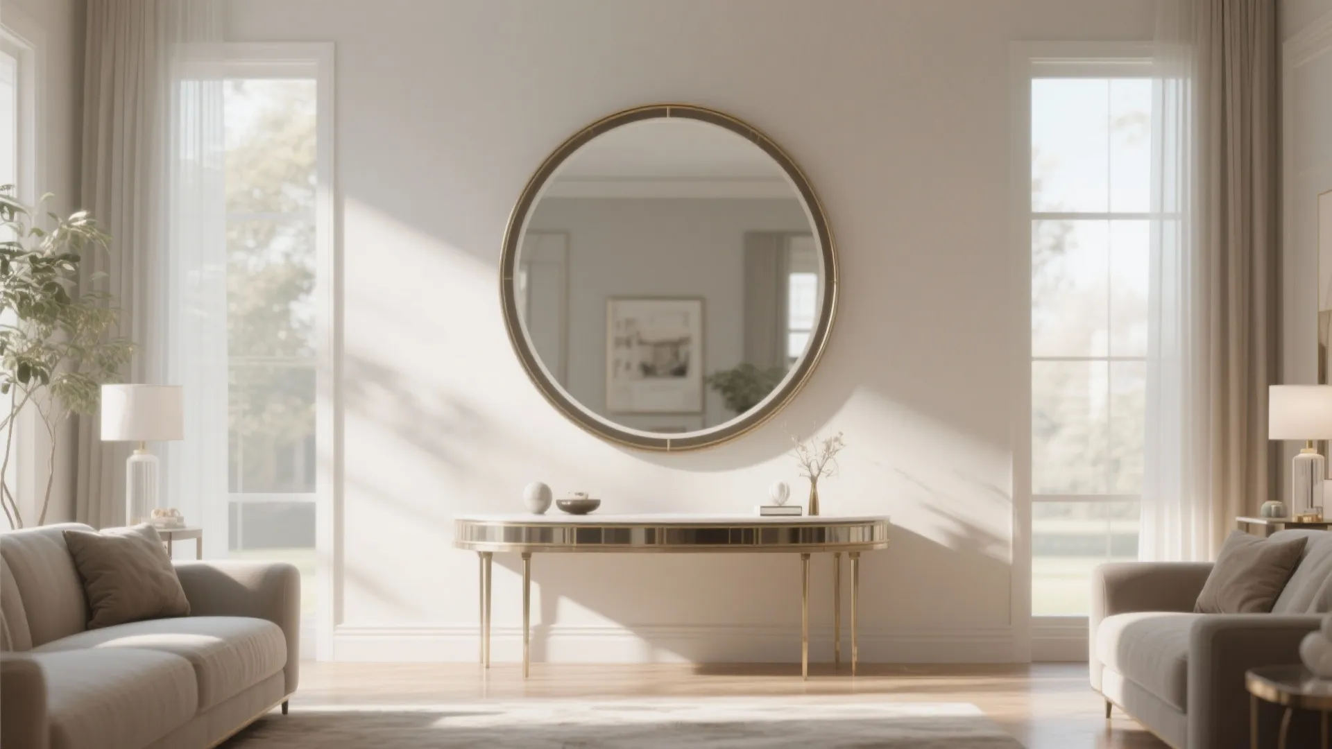 Elegant living room with large round mirror above slim gold table, two sofas, and large windows