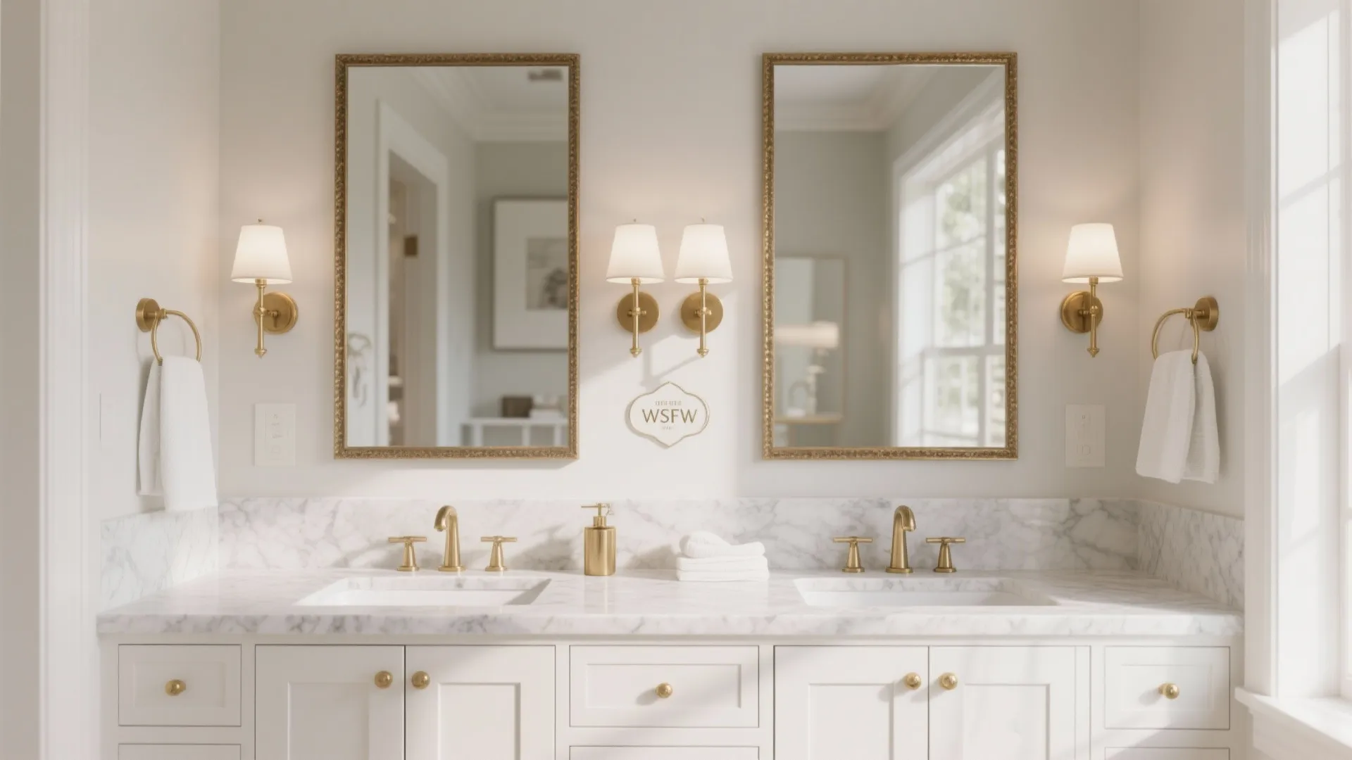Classic white bathroom cabinet with marble top, gold faucets, two gold mirrors, and wall lights