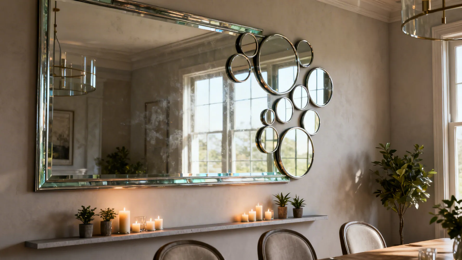 Large wall mirror and round mirrors above a shelf with candles in a modern dining room