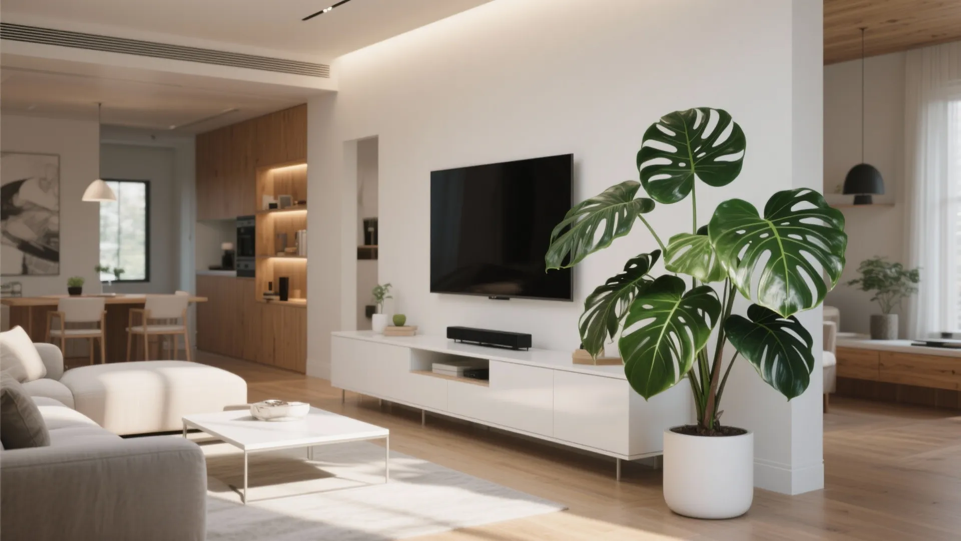 Oversized monstera plant next to TV in modern living room