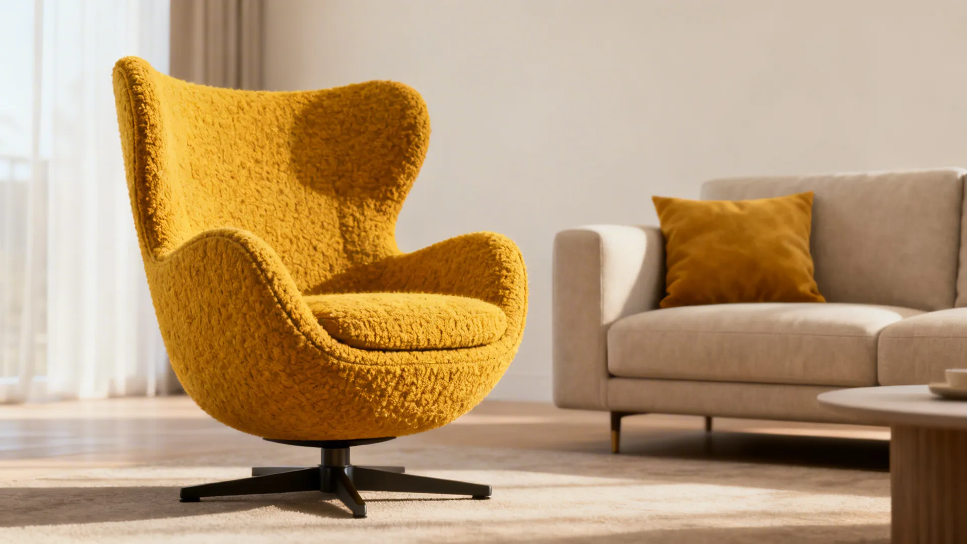 Mustard boucle swivel accent chair as a bold focal point in a neutral living room with repeated accent touches.