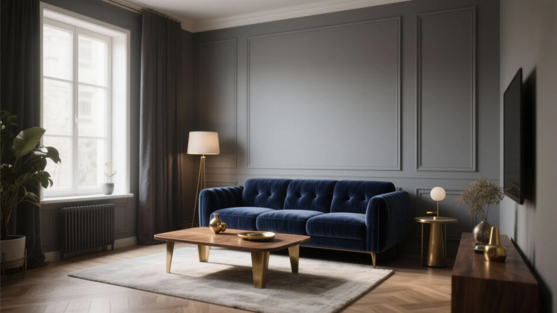 Blue velvet sofa in a gray living room with wall panel wooden coffee table and lamp