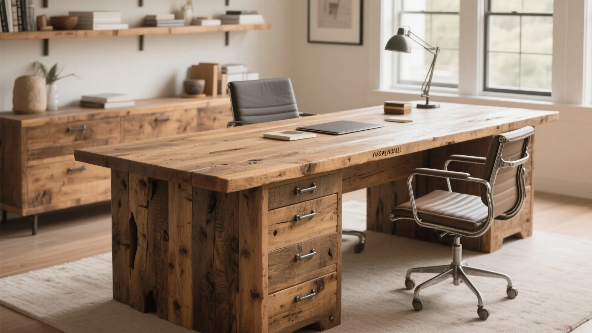Rustic wooden desk in bright home office with brown leather chairs and light wood shelves