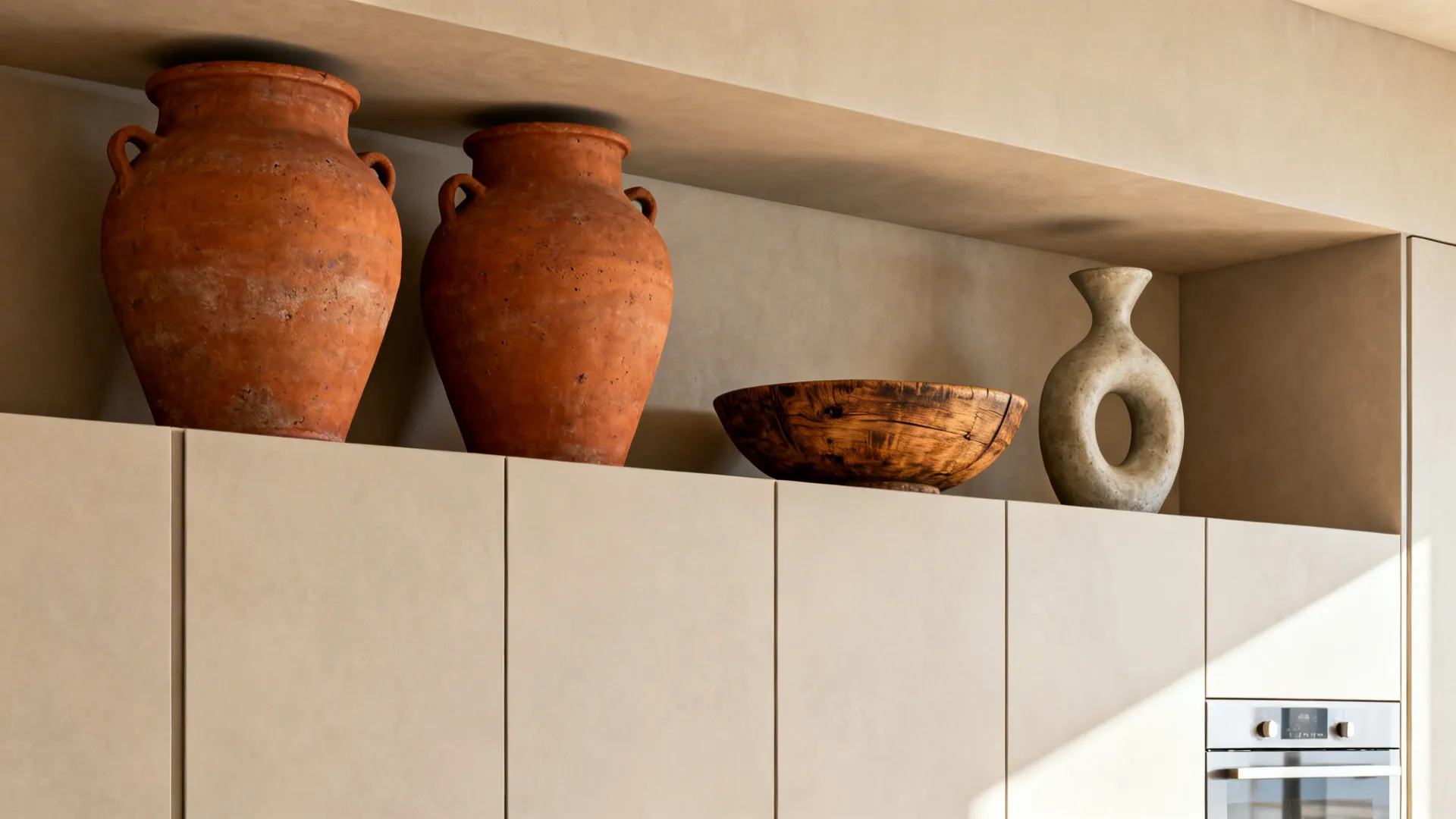 Large clay pots, a wooden bowl, and a circular vase sitting on top of cabinets