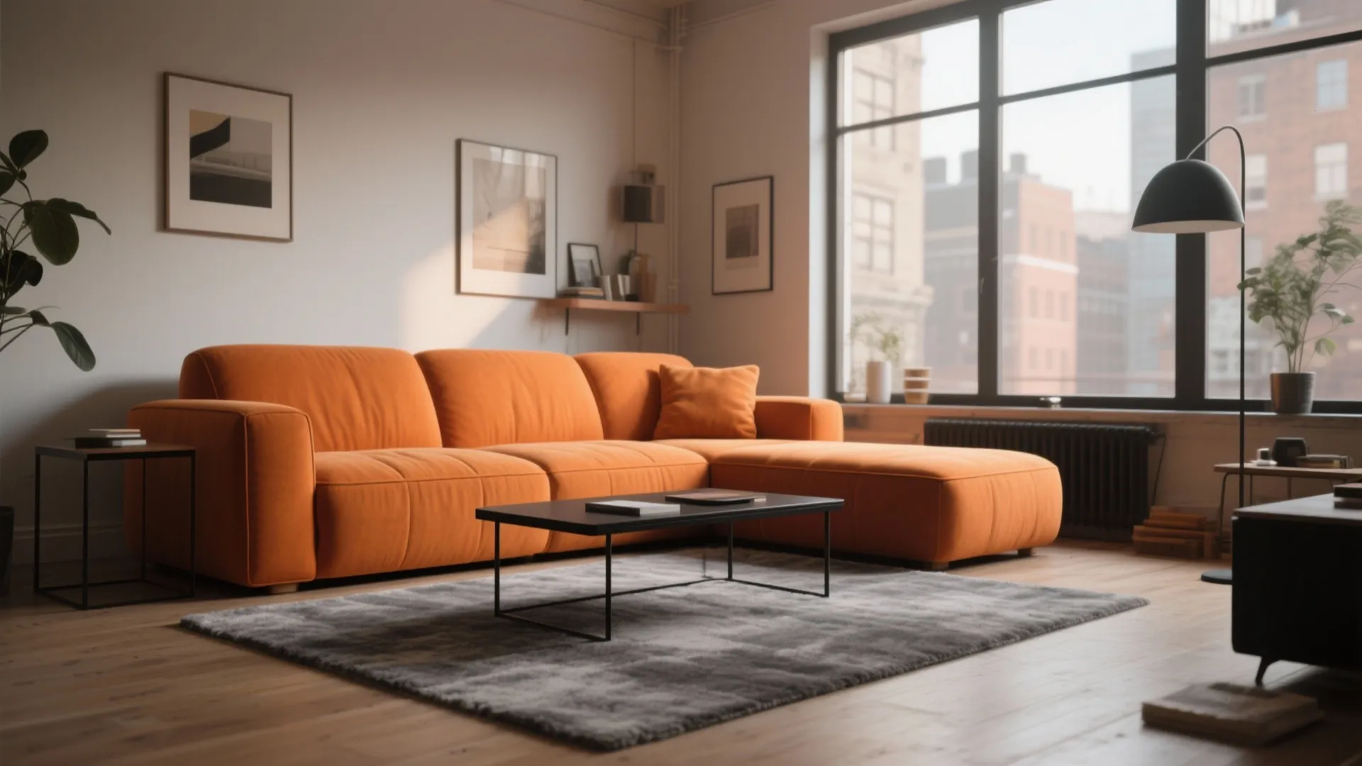 Modern bright living room featuring a large orange sofa gray rug black coffee table and windows