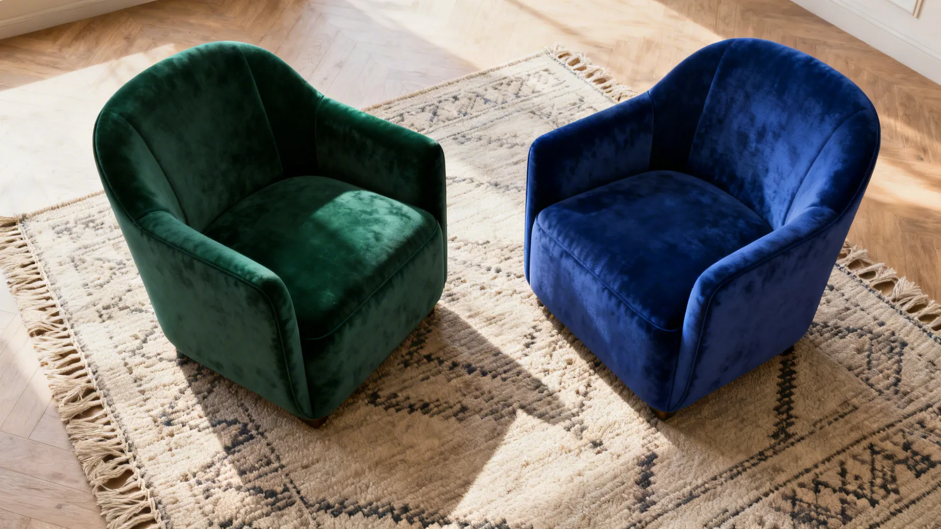 Two jewel-toned chairs on a neutral kilim rug forming a bold focal seating area.