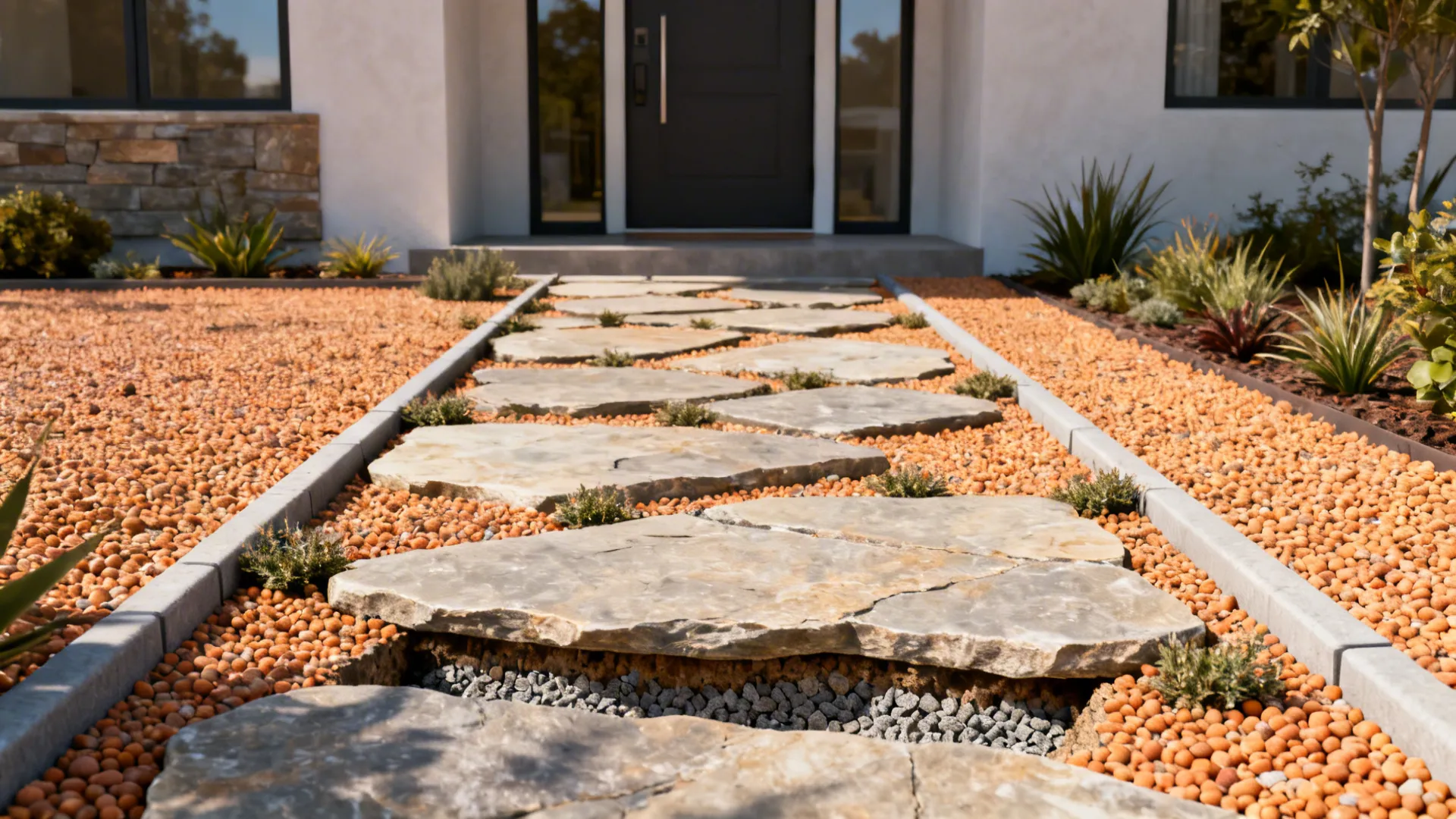 Flagstone pathway set in pea gravel with low groundcover and clean edging leading to a front entry.