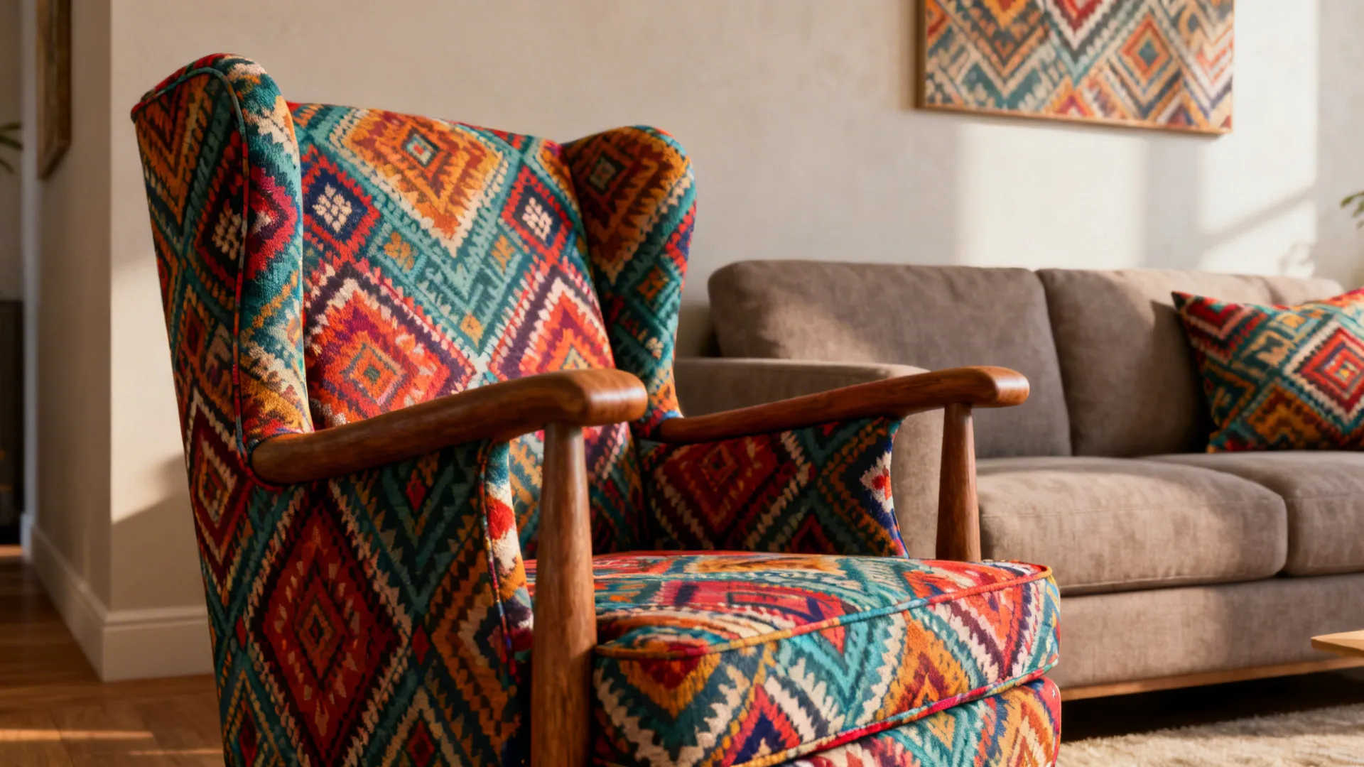Neutral living room with a bold patterned armchair serving as a focal point