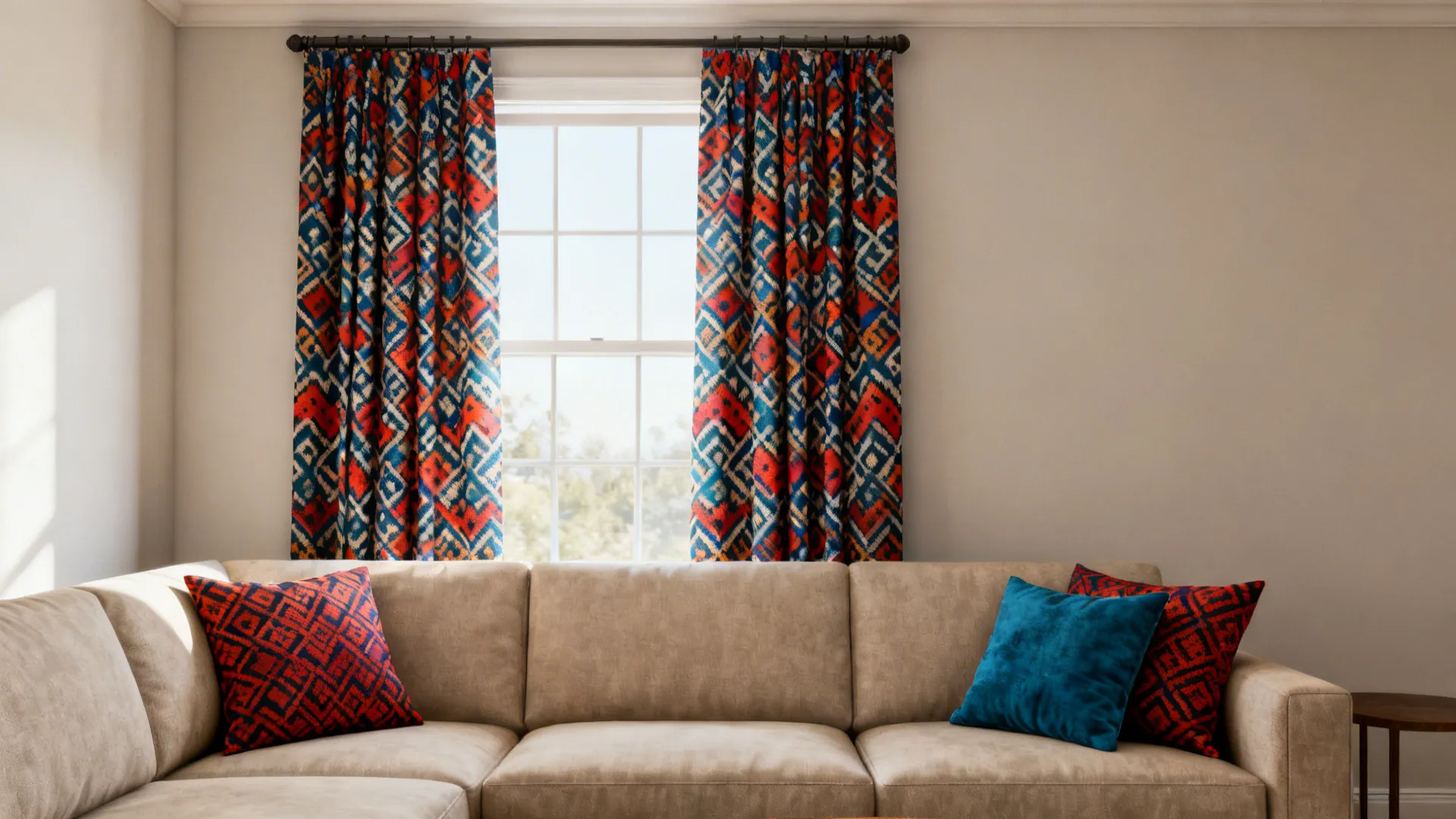 Living room with one window wall featuring bold patterned curtains balanced by neutral furniture.