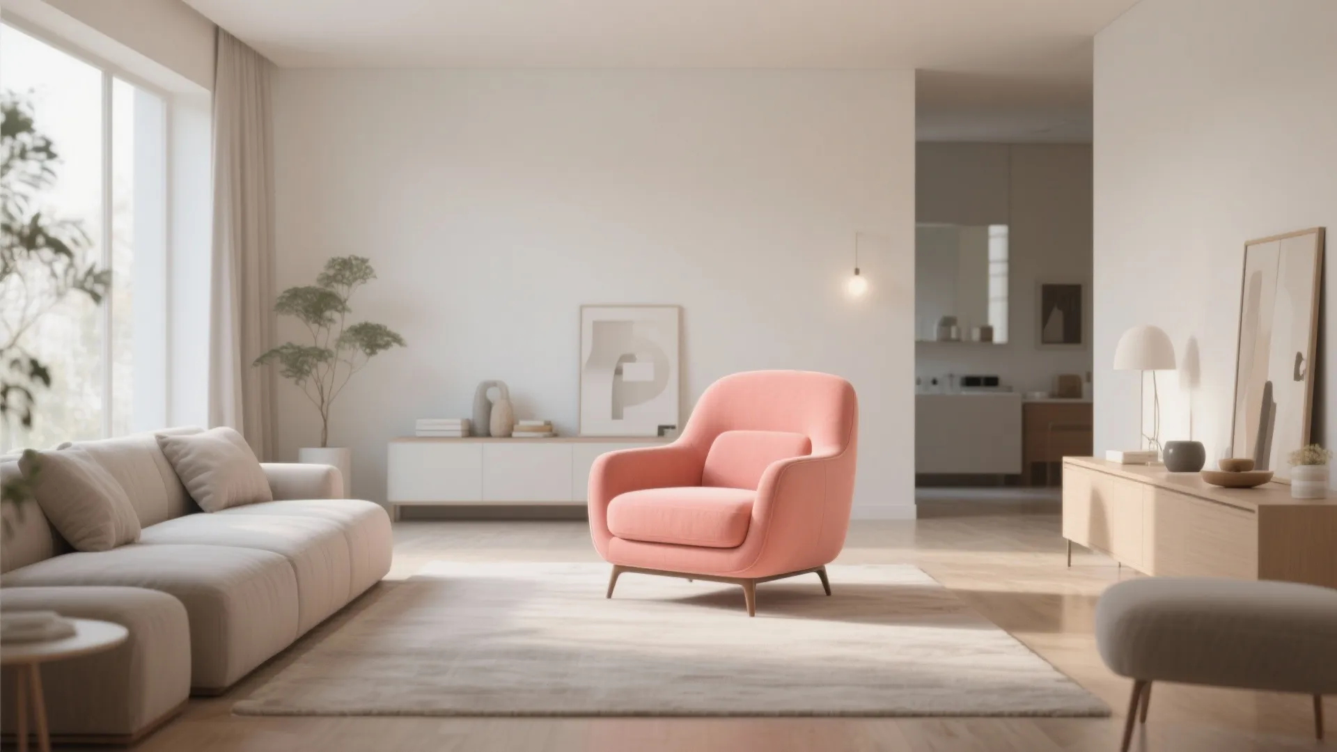 Modern bright living room with pink armchair beige sofa white cabinet rug and large window