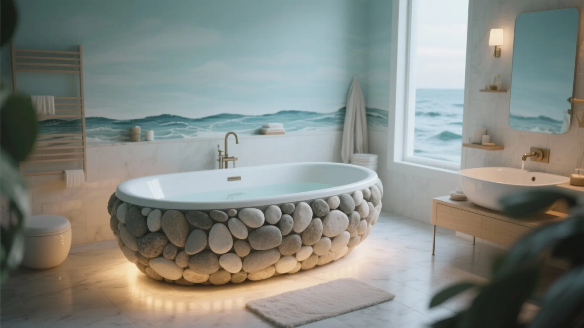 Modern bathroom with unique pebble stone bathtub under sea mural next to a large window