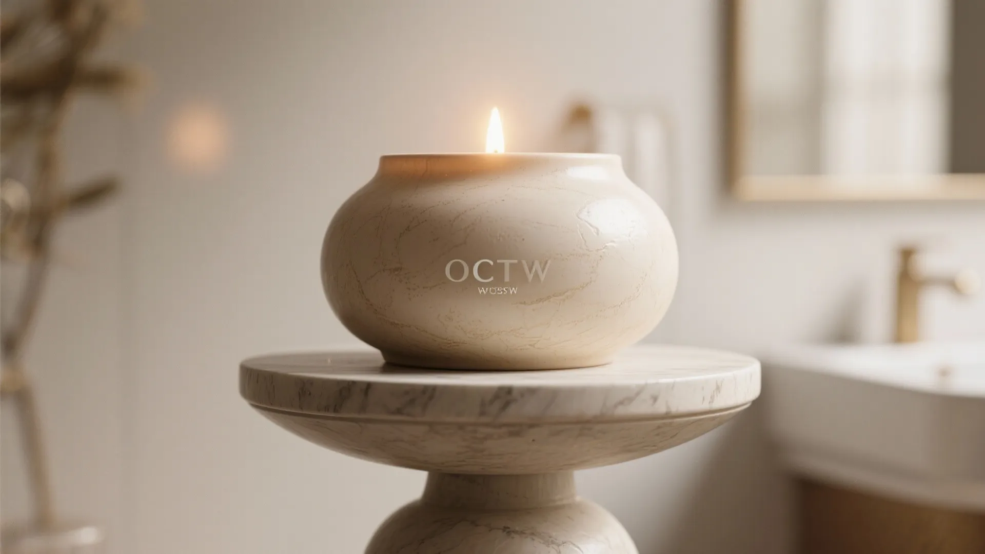 Oversized candle on a pedestal in powder room